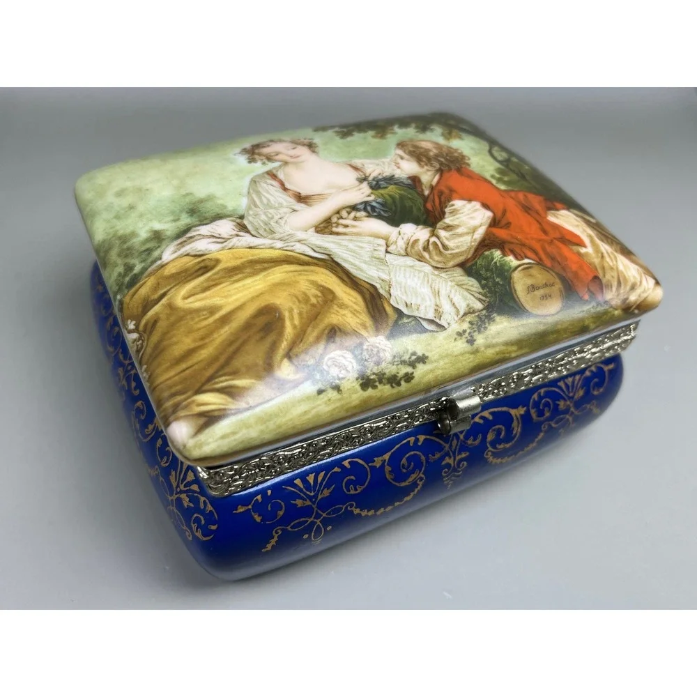 Lego Japan Vtg Porcelain Musical Jewelry Box Fragonard Style Cobalt Blue Gold